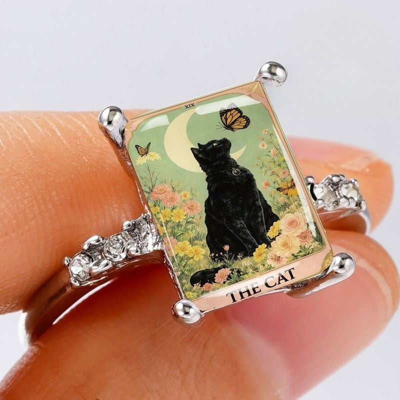 Black Cat Moonlight Rectangle Ring