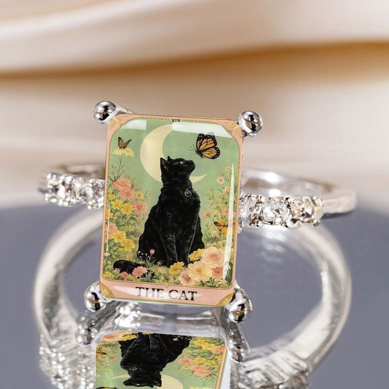 Black Cat Moonlight Rectangle Ring