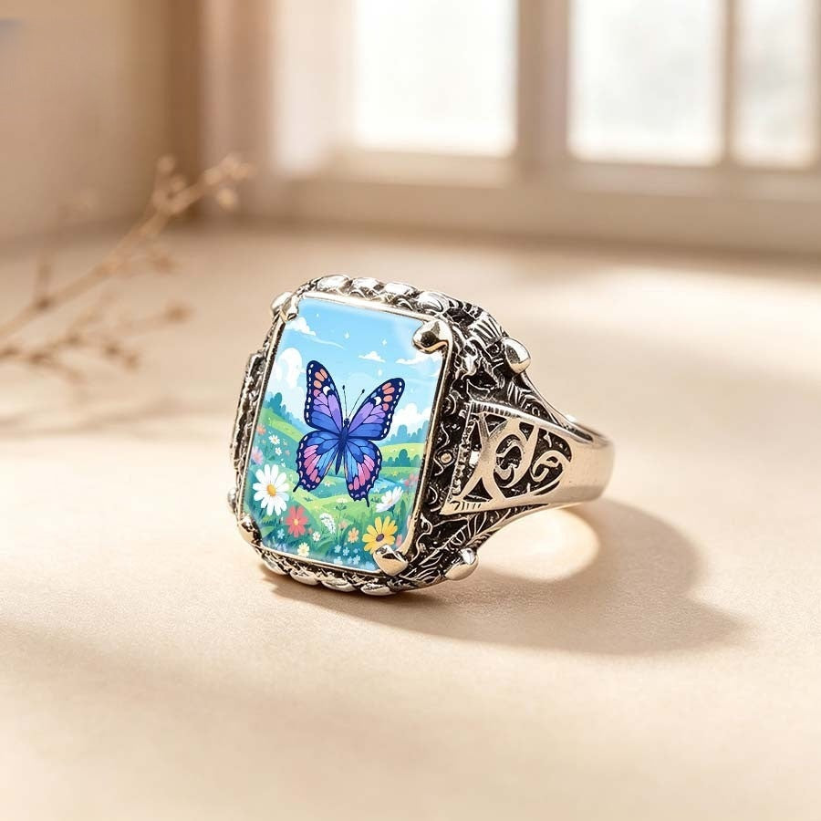 Ornate Butterfly Meadow Square Ring
