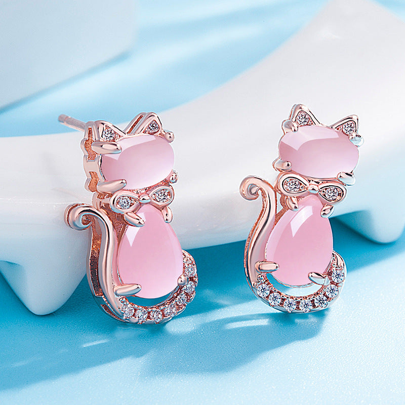 Pink Crystal Cat Earrings