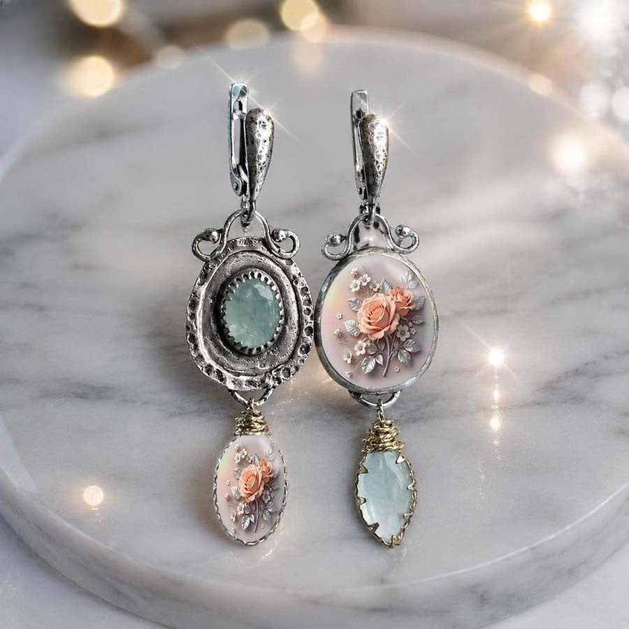 Vintage Rose & Seafoam Asymmetrical Drop Earrings