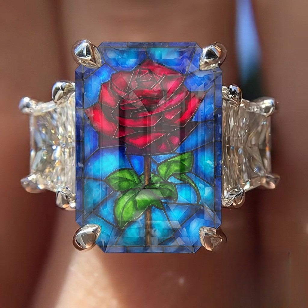 Red Rose Stained Glass Rectangle Ring