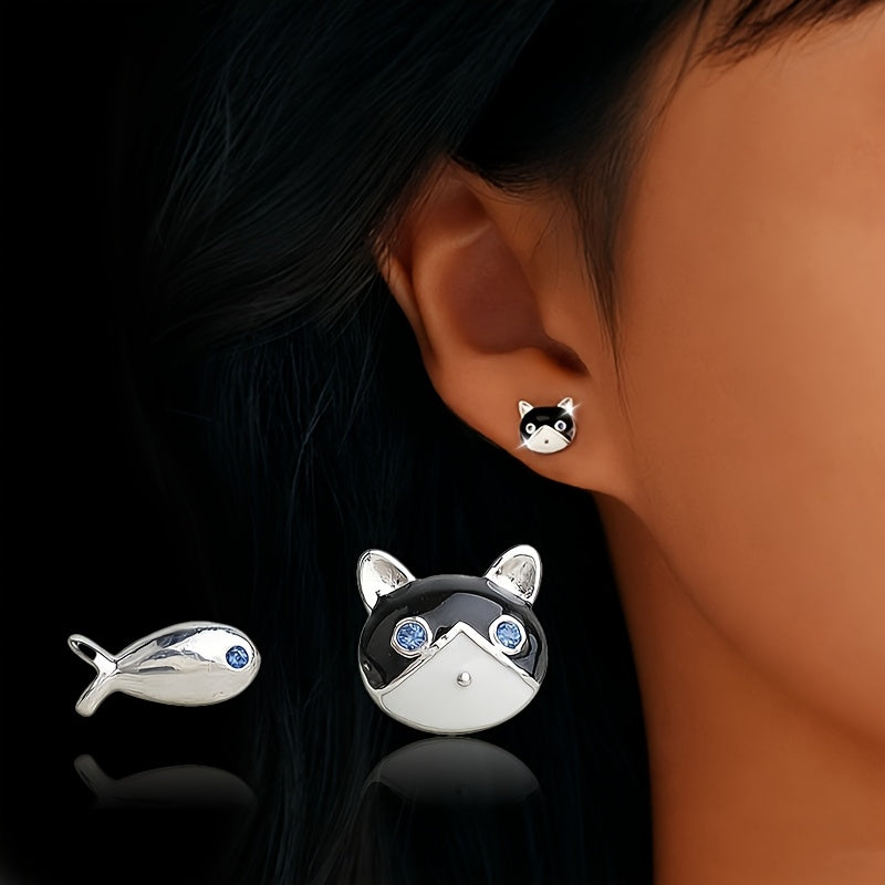 Cat and Fish Stud Earrings