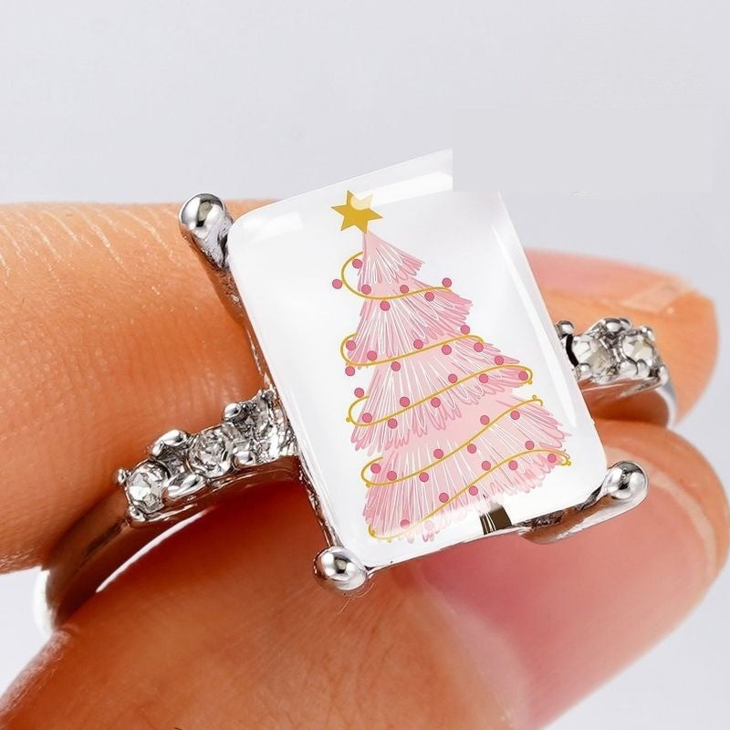 Silver Pink Christmas Tree Rectangular Ring