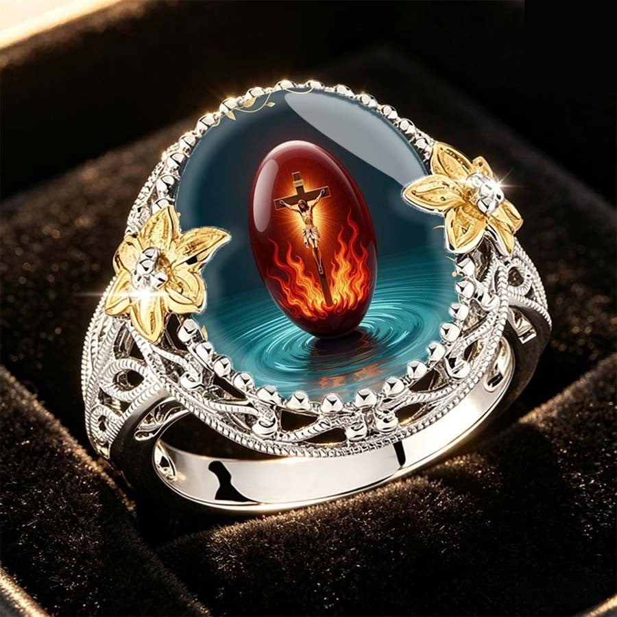 Crucifix Flame Statement Ring