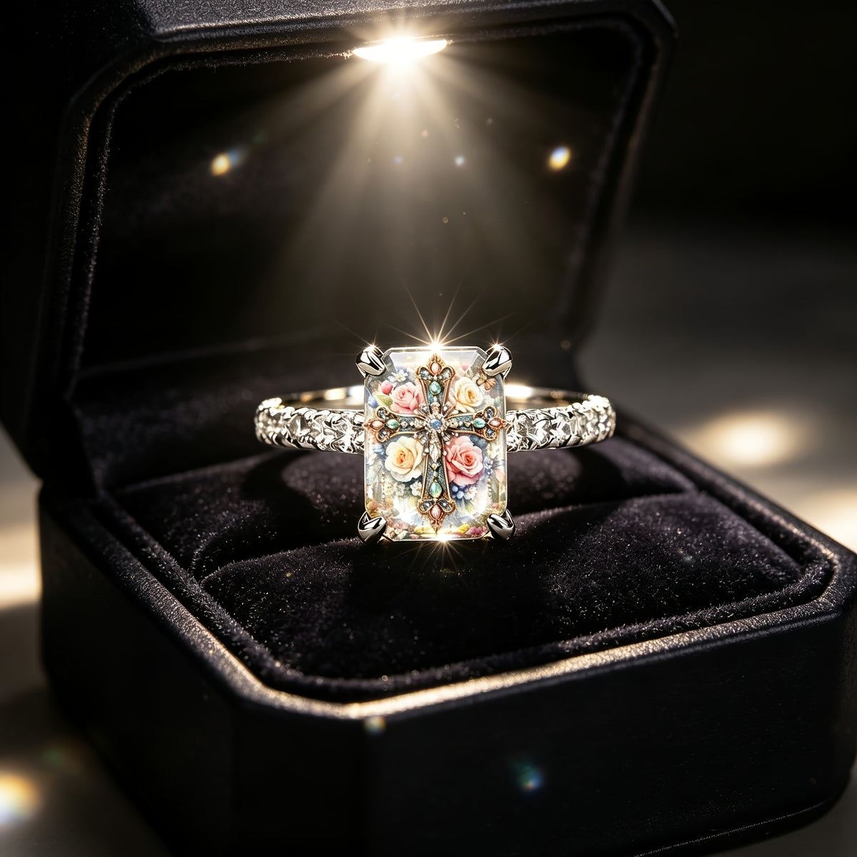 Rose Floral Cross Rectangle Ring