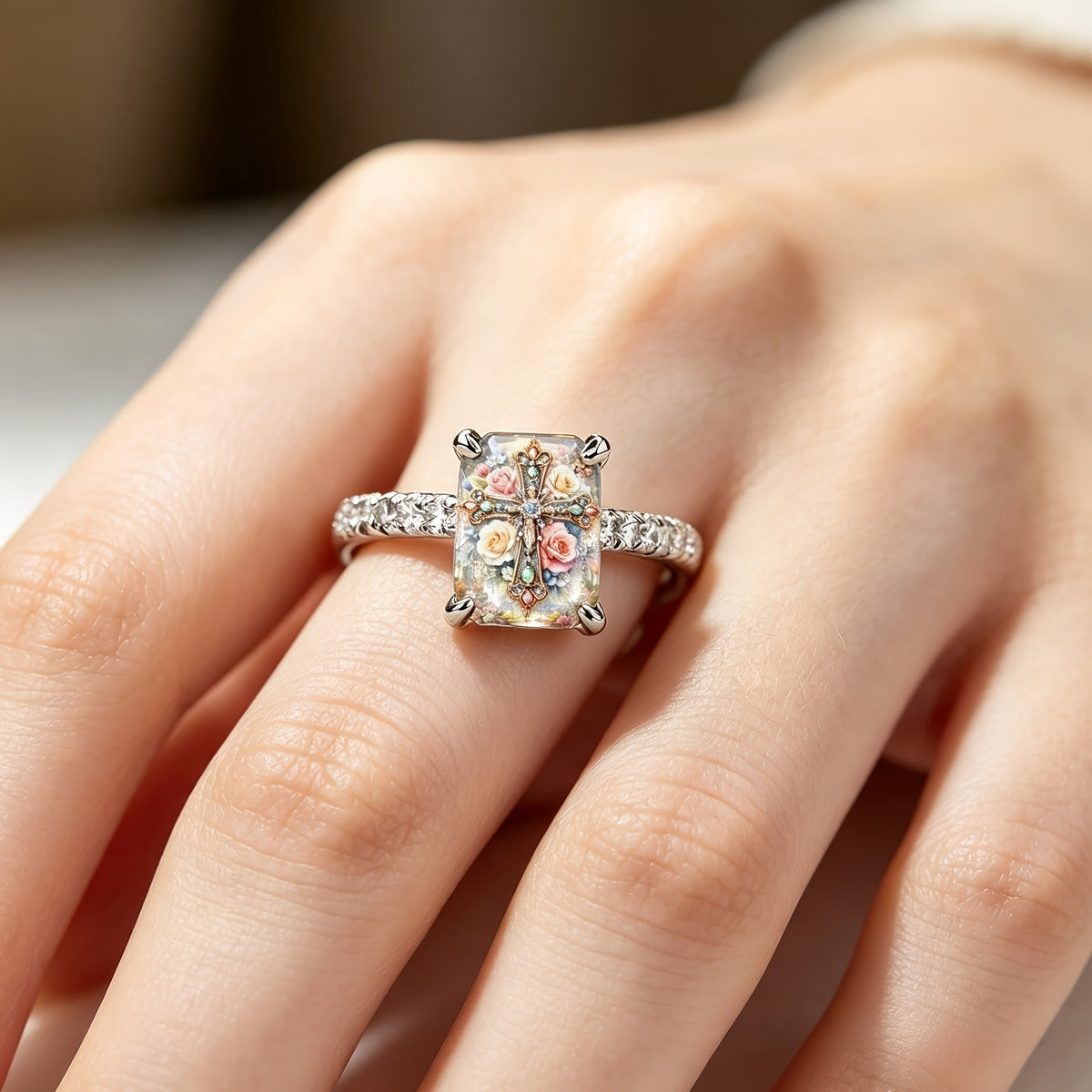 Rose Floral Cross Rectangle Ring