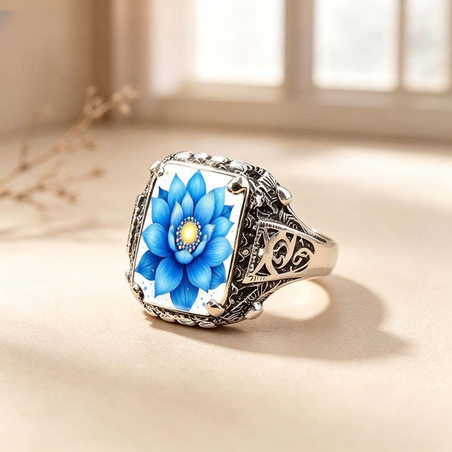 Blue Lotus Glass Square Ring