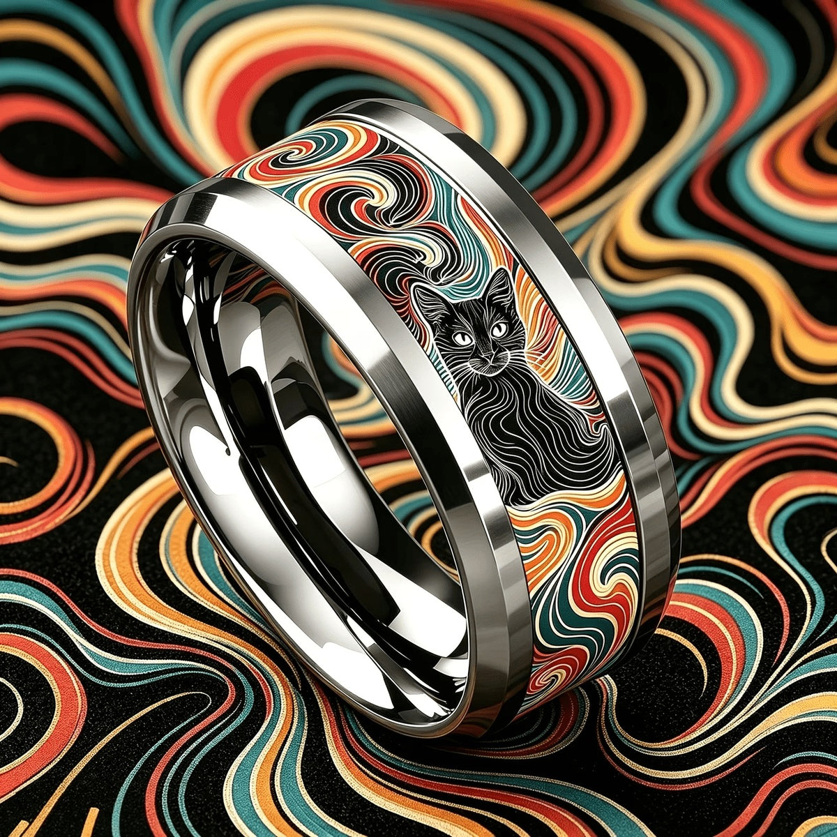 Colorful Swirl Black Cat Ring