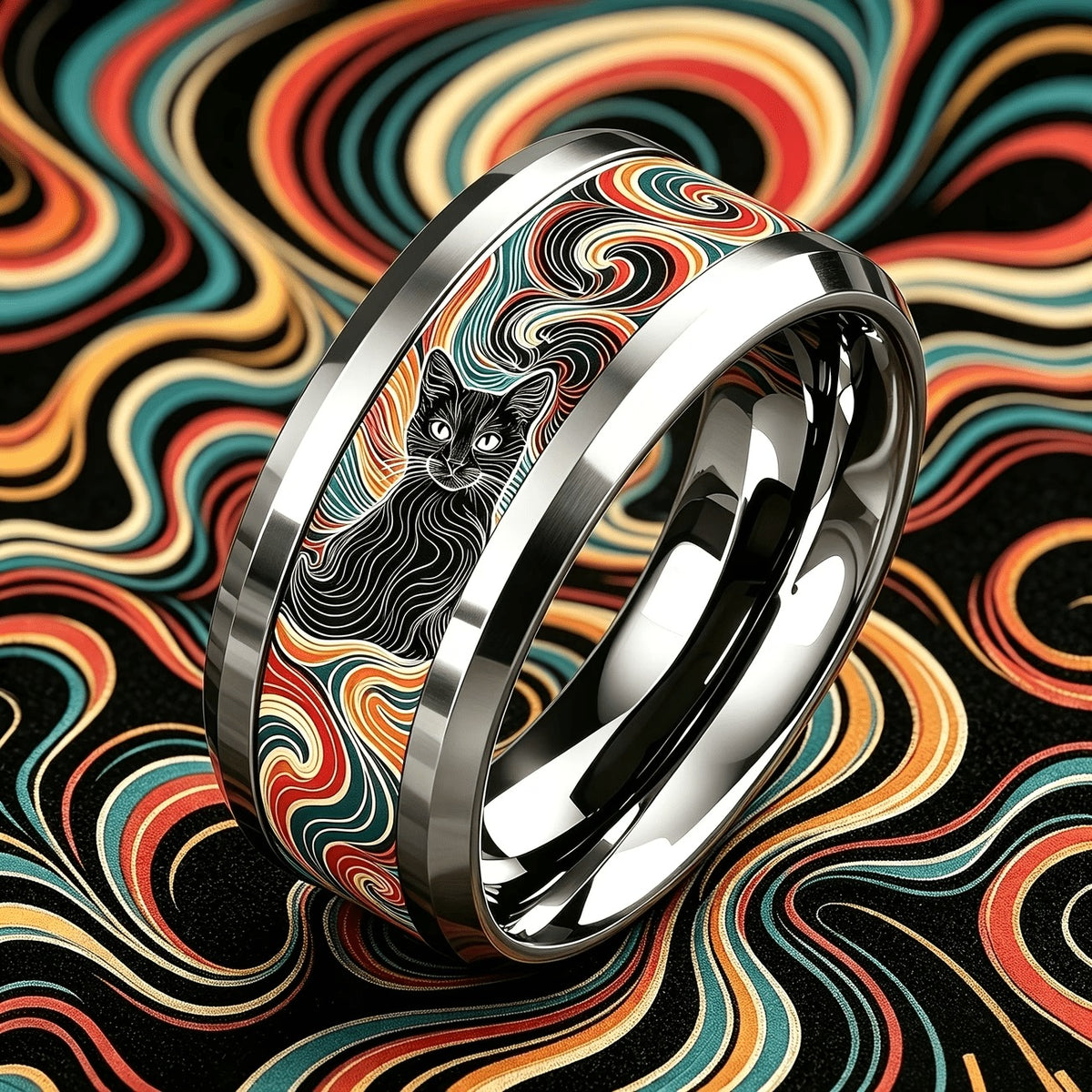 Colorful Swirl Black Cat Ring