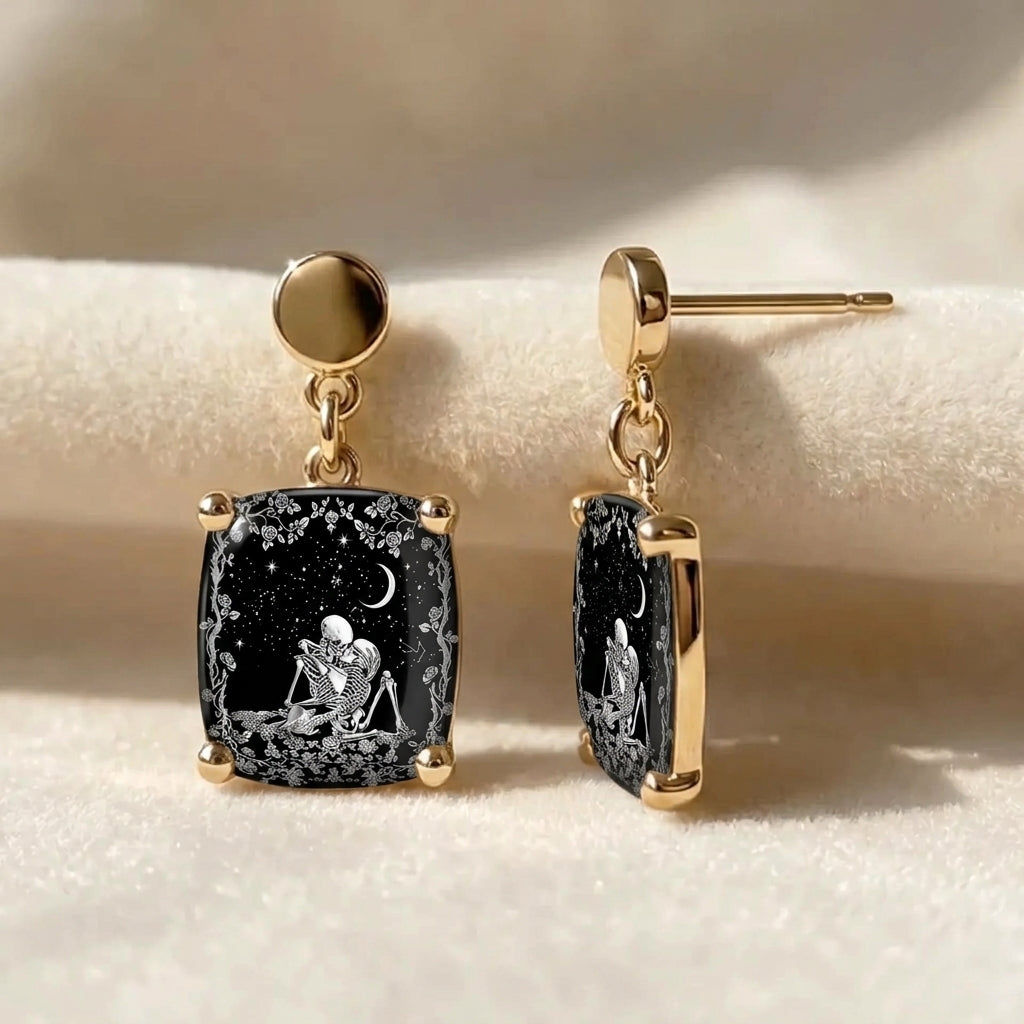 Starry Night Couple Skeleton Square Earrings