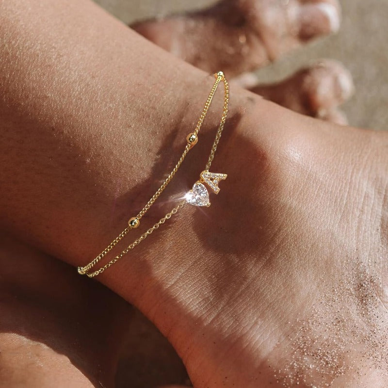 Gold Heart Charm Initial Anklet