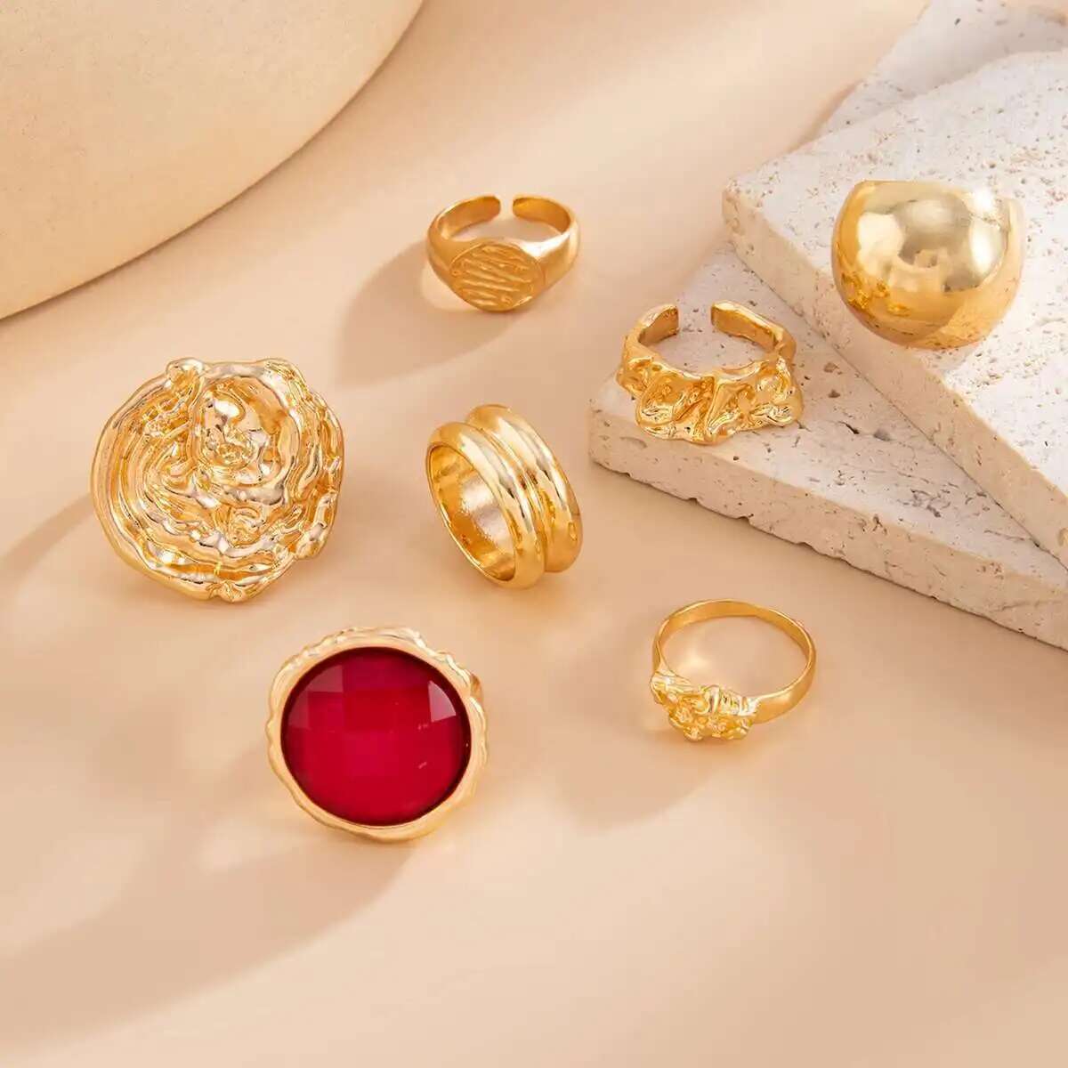 7pc Retro Rose & Geometric Ring Set