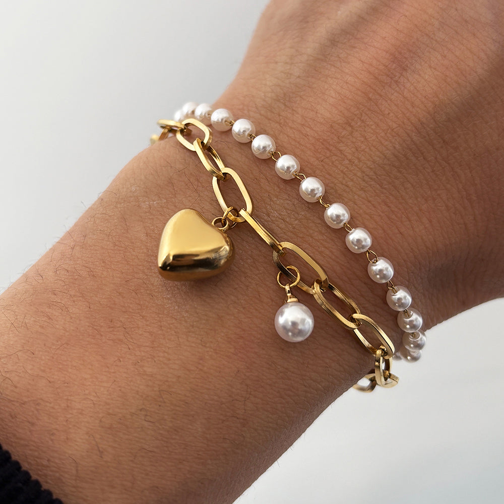 2pc Gold Heart & Pearl Charm Bracelet Set