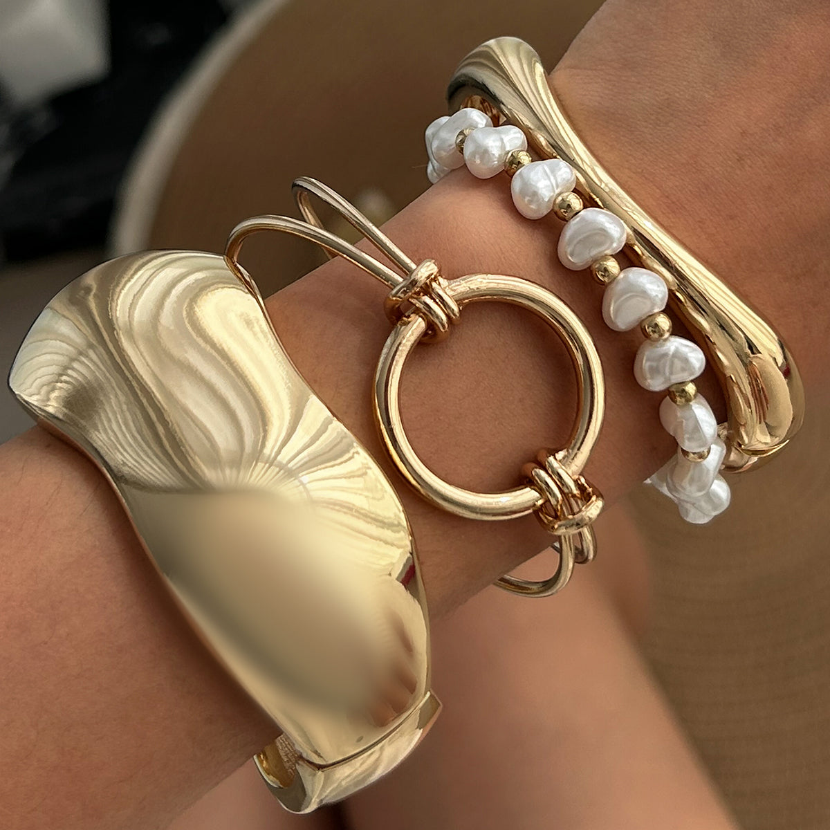 4pc Sculptural Gold & Pearl Bracelet Set