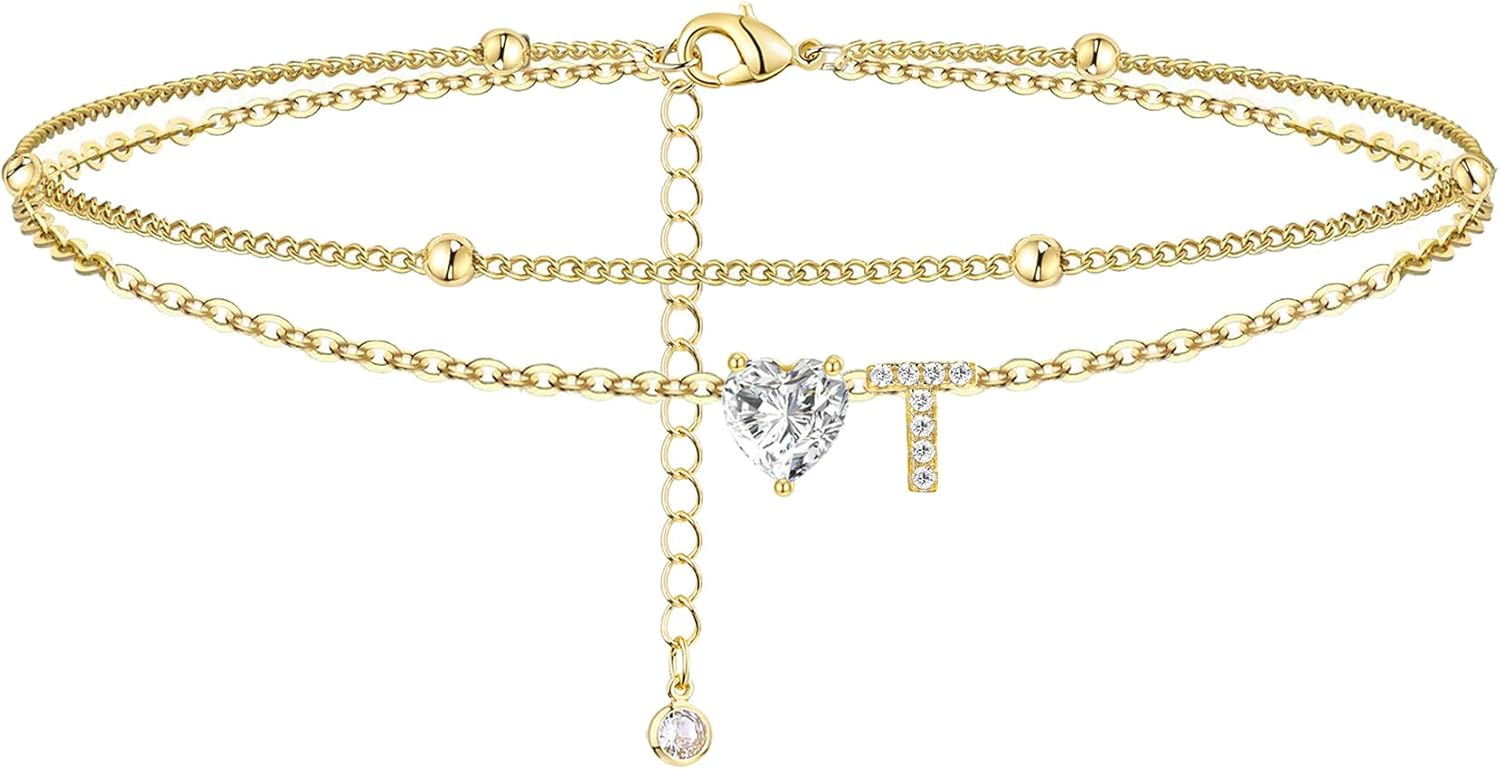 Gold Heart Charm Initial Anklet