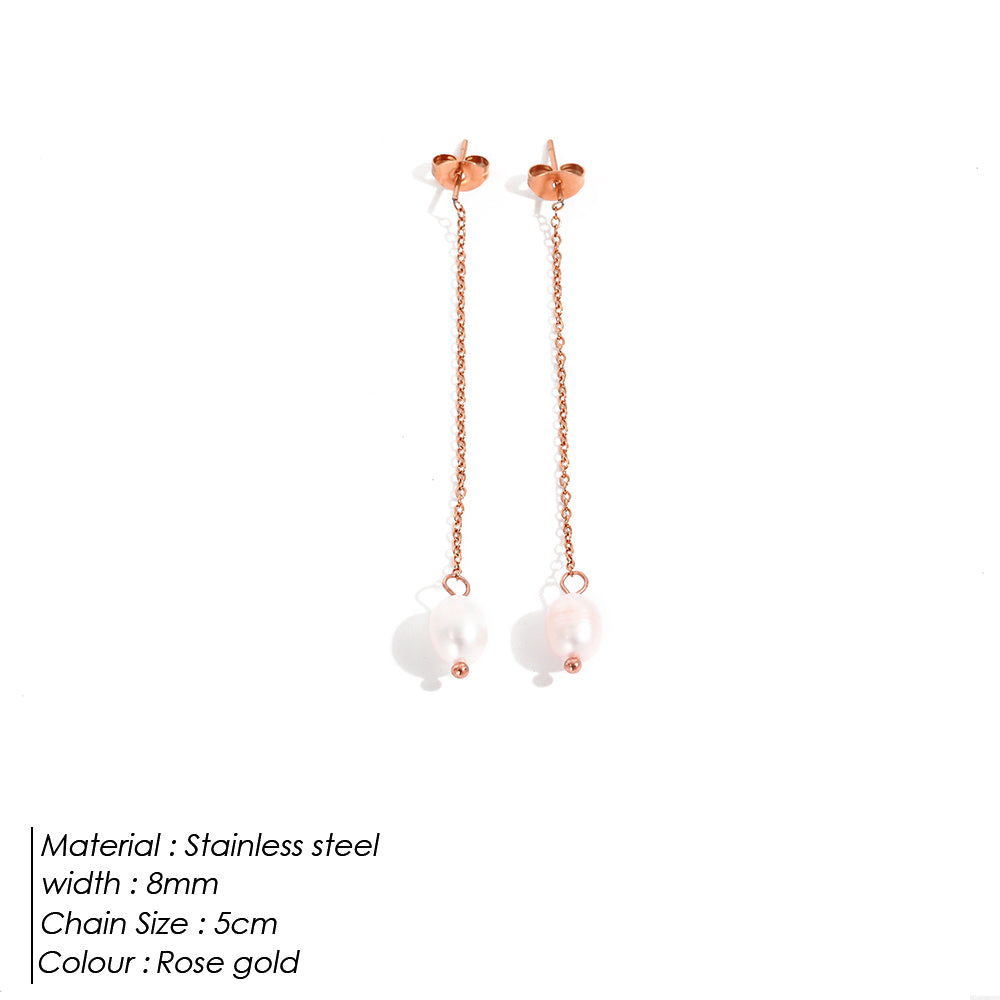 14k Gold Pearl Chain Drop Earrings