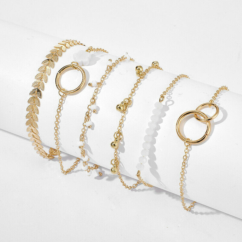 6pc Boho Flower Leaf Charm Bracelet Set