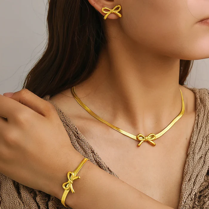 3pc Dainty Bow Necklace, Bracelet, & Earrings Set