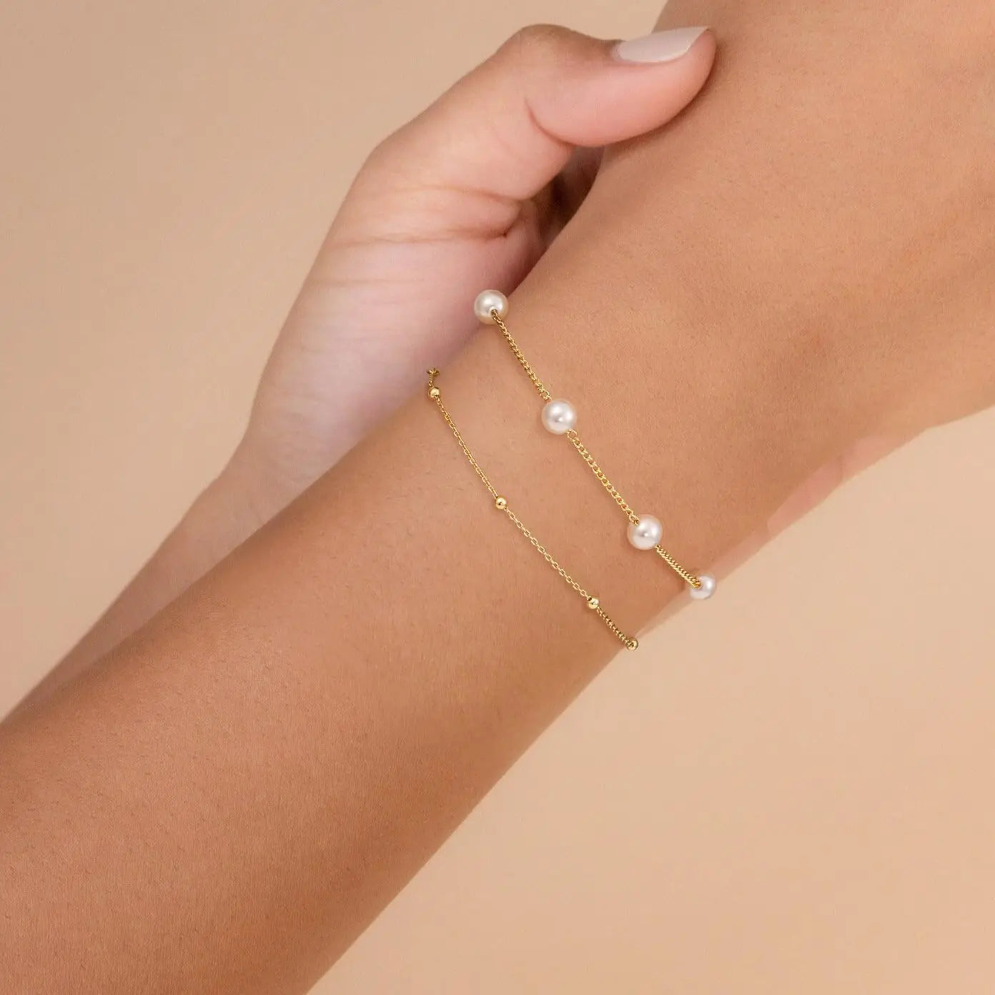 2pc Dainty Pearl & Gold Chain Bracelet Set