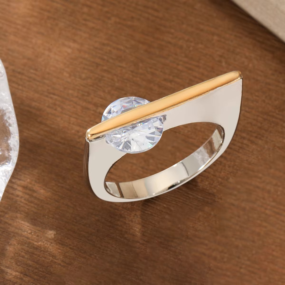 Two-Tone Square Crystal Ring