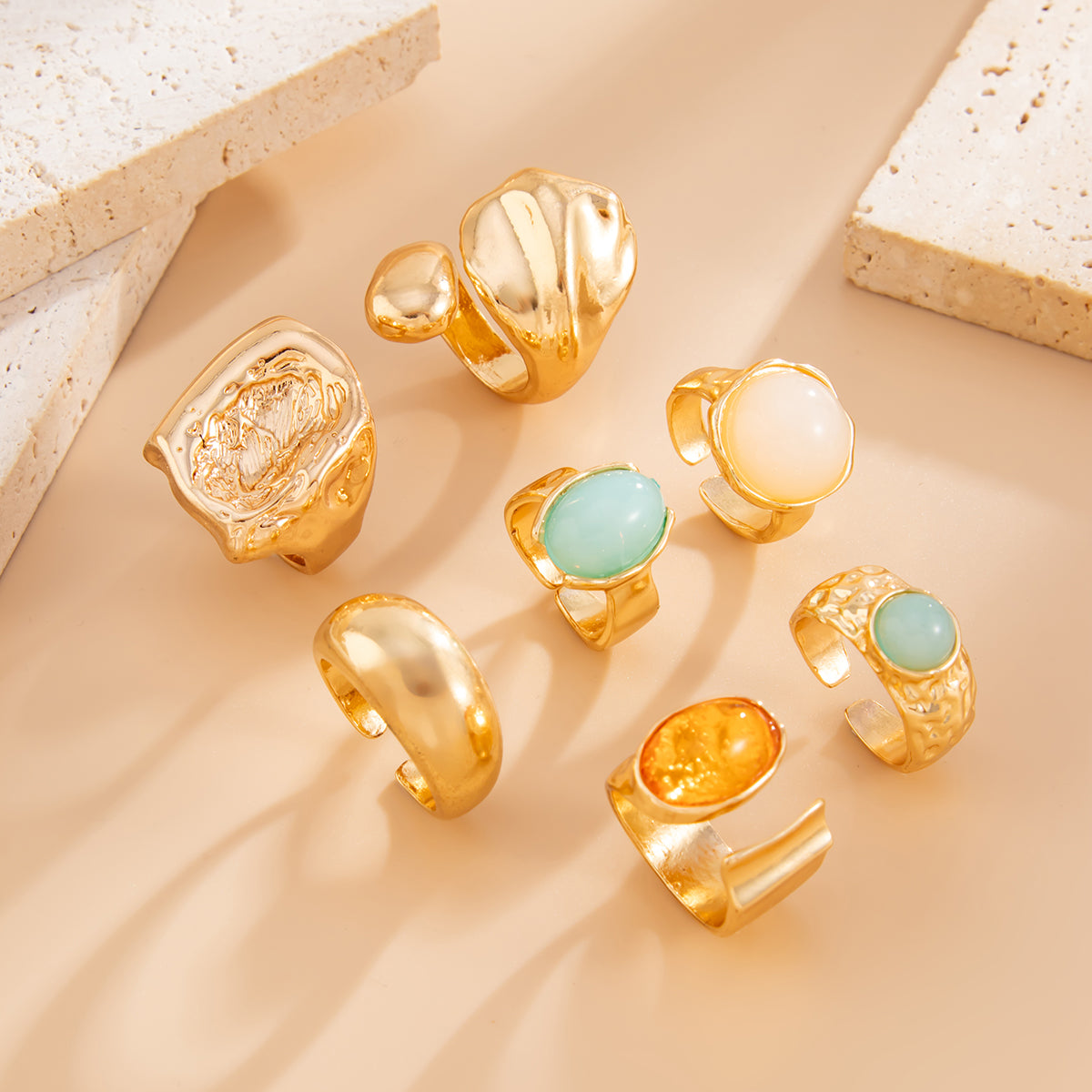 7pc Gold Crystal Geometric Ring Set
