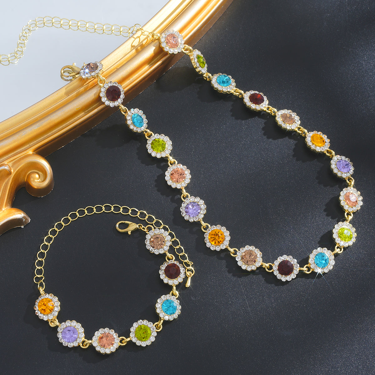 Colorful Crystal Halo Necklace & Bracelet Set