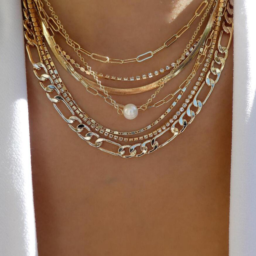 7pc Pearl & Chain Layered Necklace Set