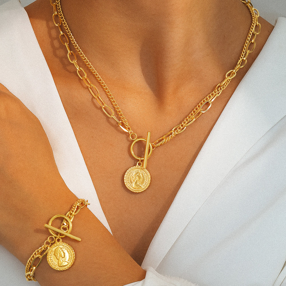 Coin Pendant Chain Necklace & Bracelet Set
