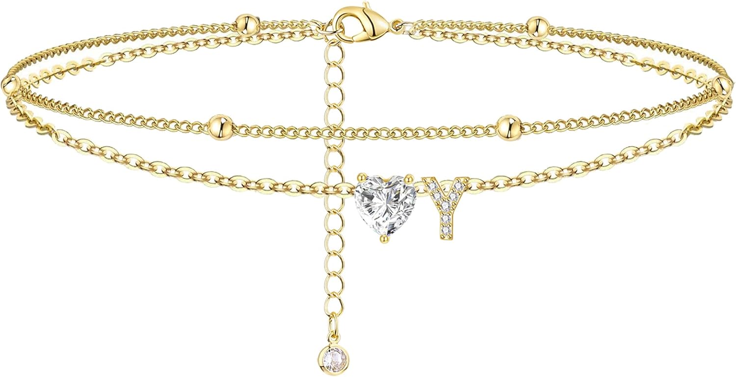 Gold Heart Charm Initial Anklet