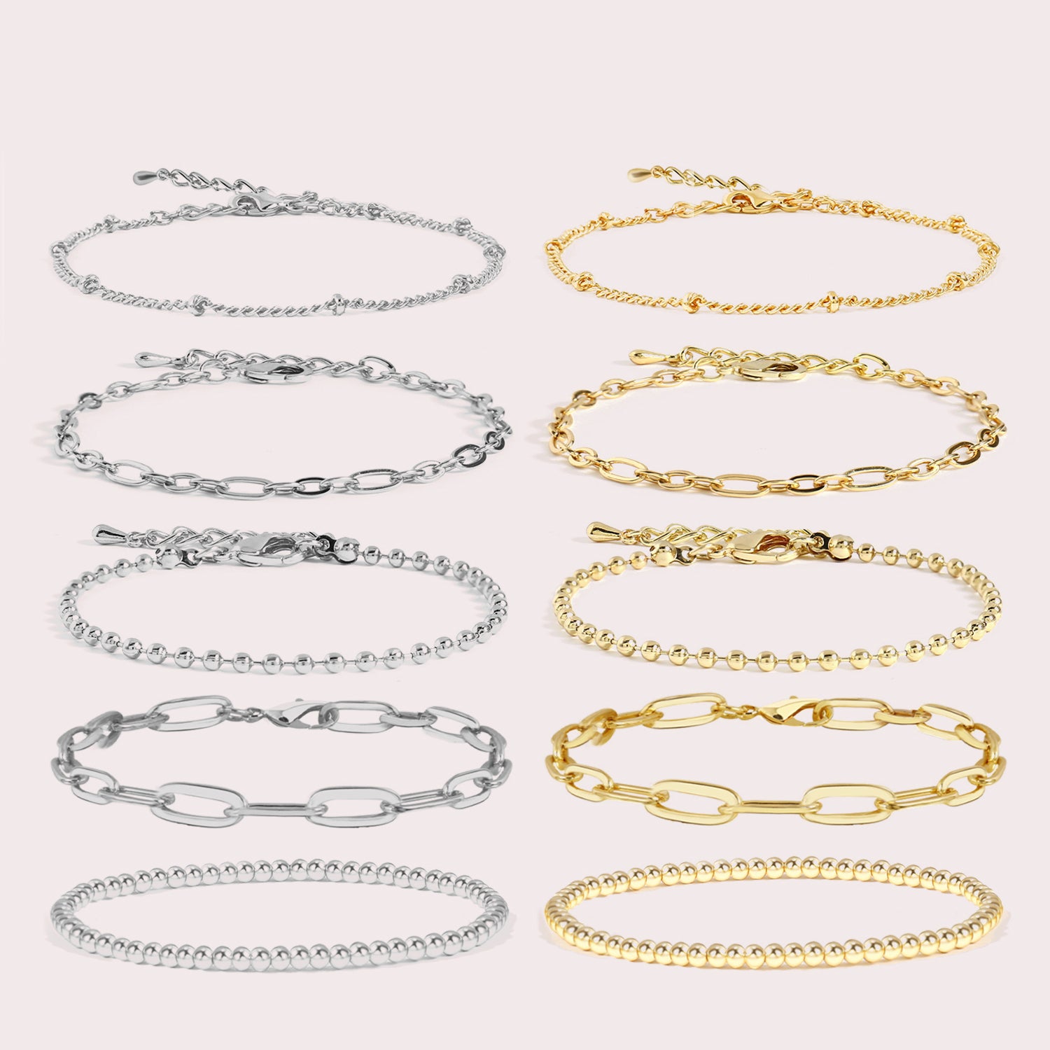 5pc Mixed Chain & Bead Bracelet Set