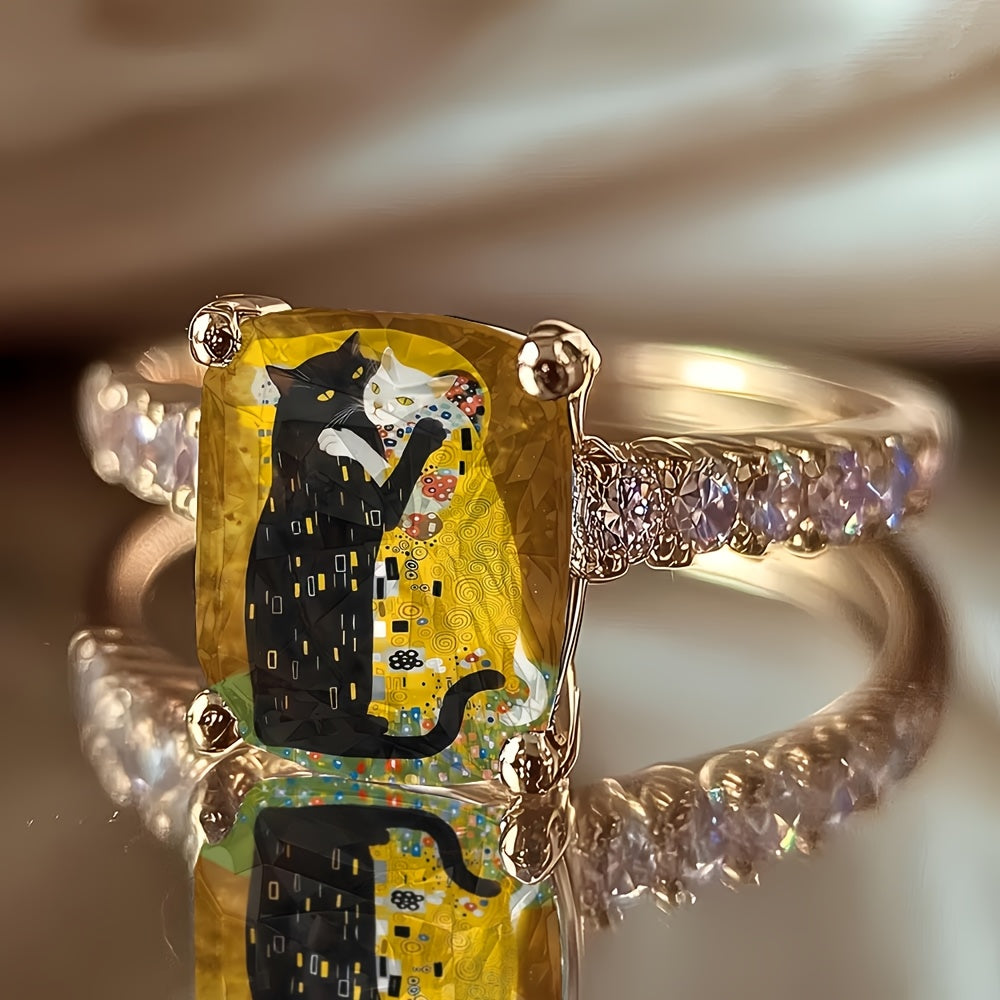 Golden Embracing Cats Square Ring