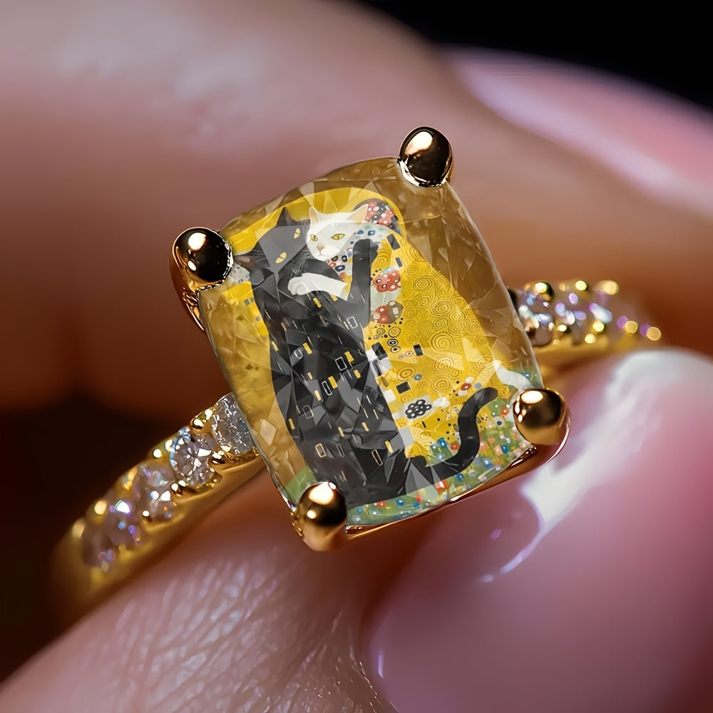 Golden Embracing Cats Square Ring