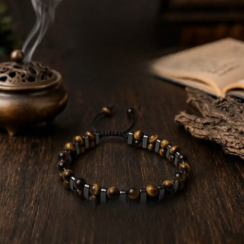 Tiger Eye & Black Bead Double Strand Bracelet