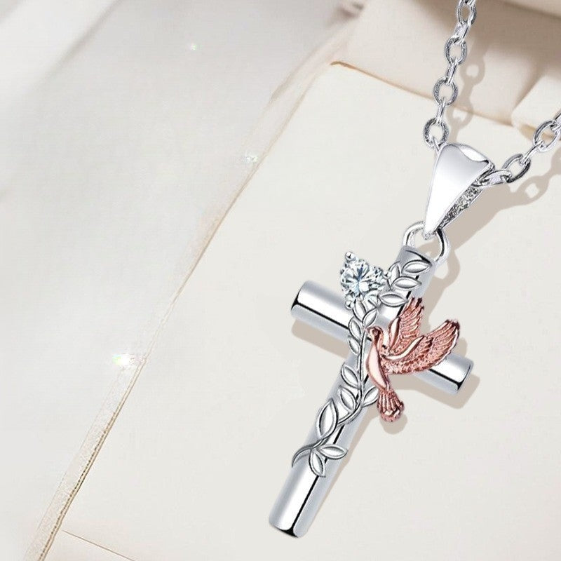 Rose Gold Dove & Crystal Cross Necklace