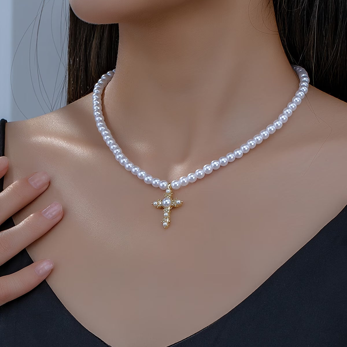 Pearl Cross Pendant Necklace