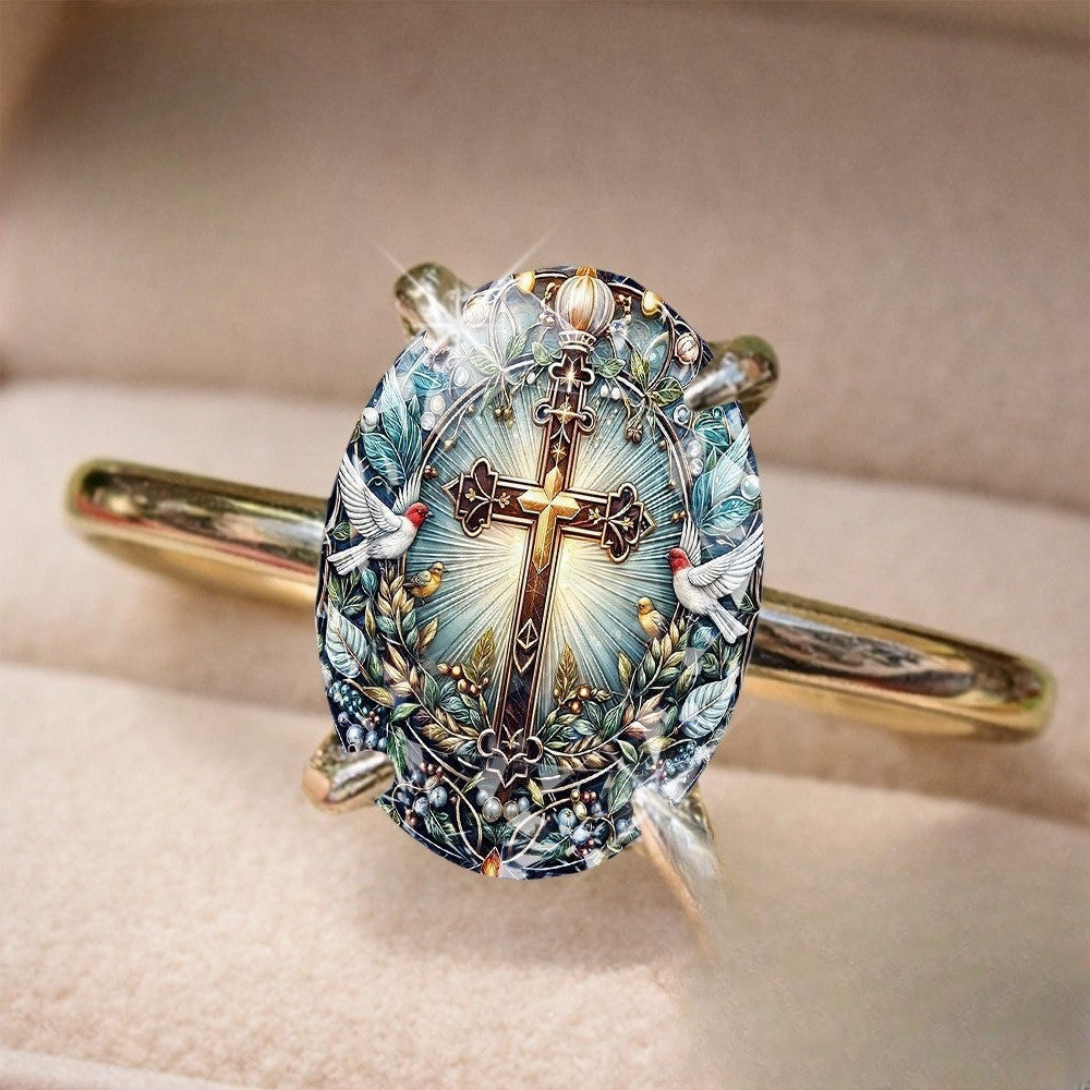 Radiant Cross & Dove Oval Ring