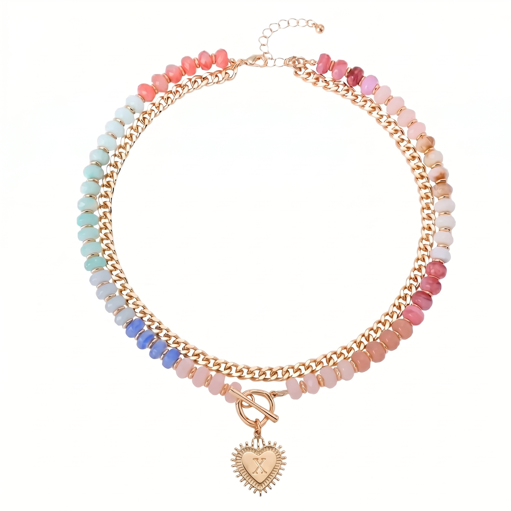 Double Layer Initial Heart Beaded Necklace