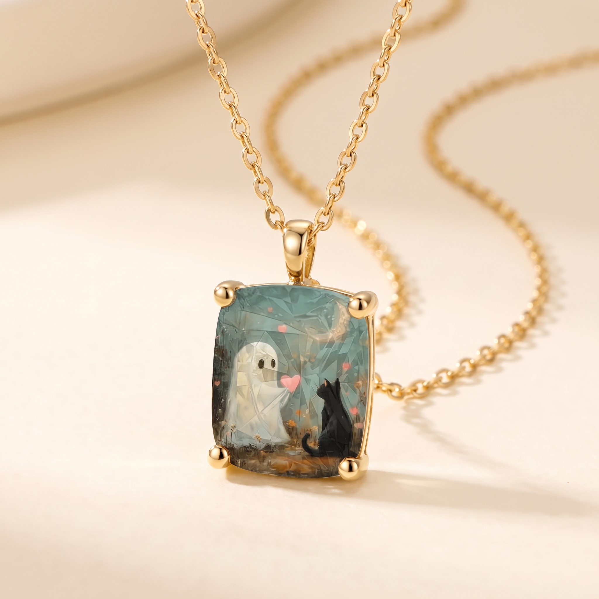 Ghost and Cat Square Necklace