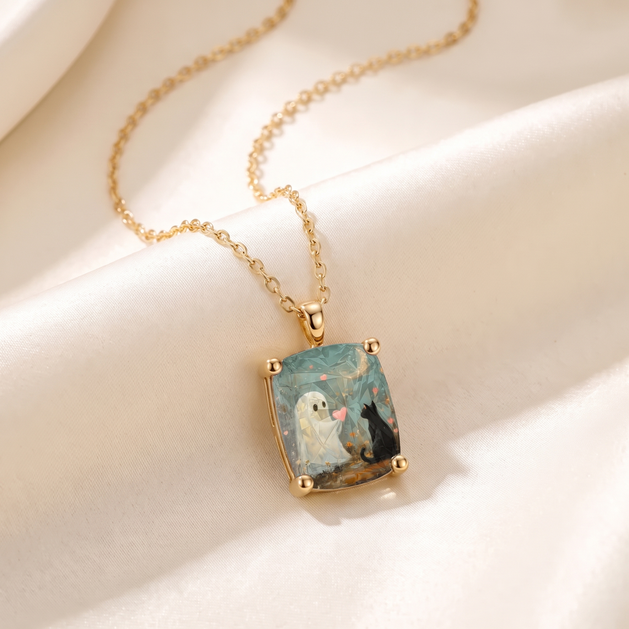 Ghost and Cat Square Necklace