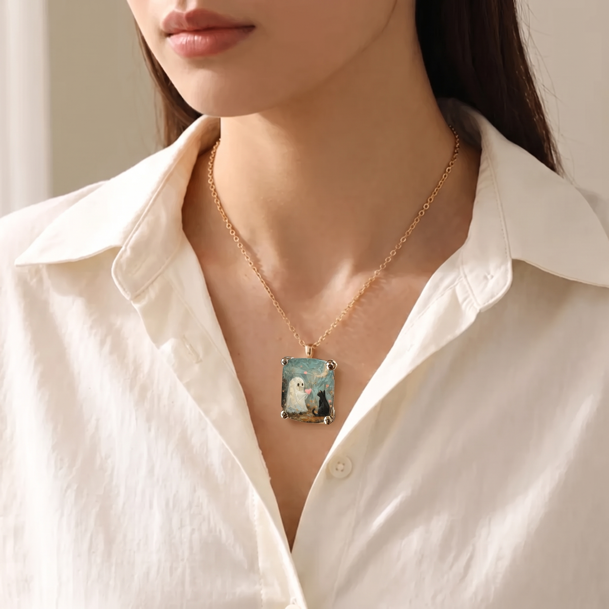 Ghost and Cat Square Necklace