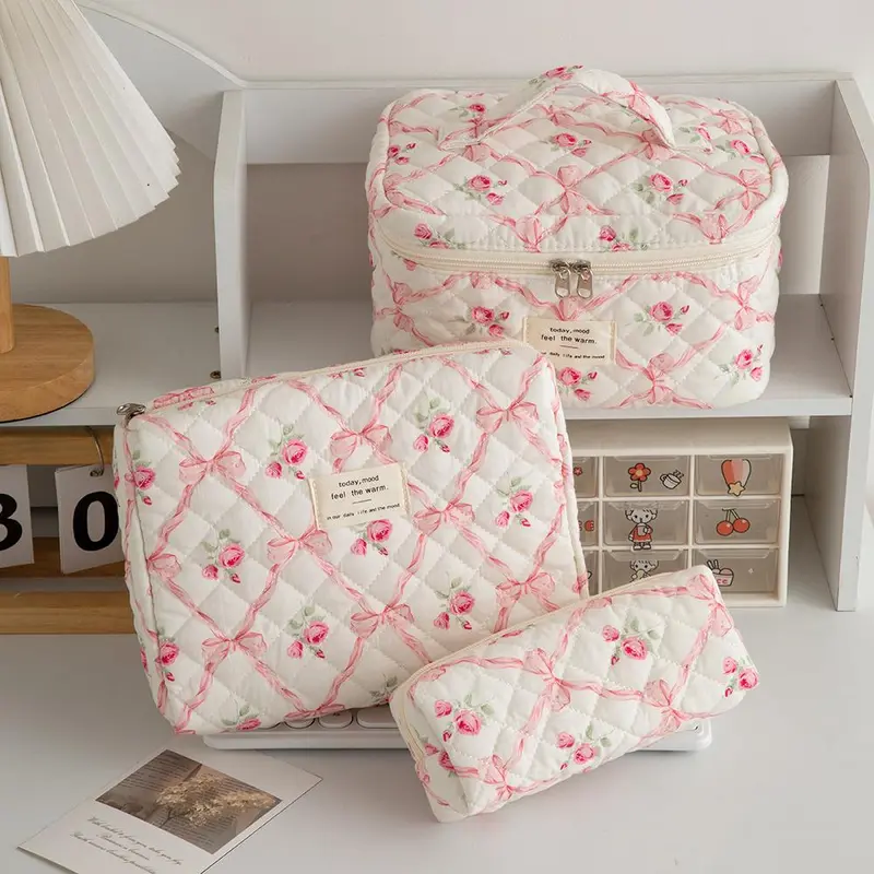 3pc Quilted Makeup Bag Set