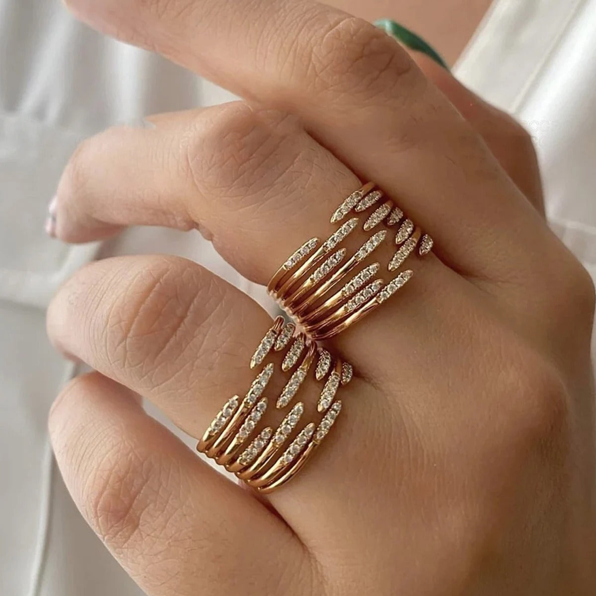 Asymmetric Rhinestone Splitting Wave Ring