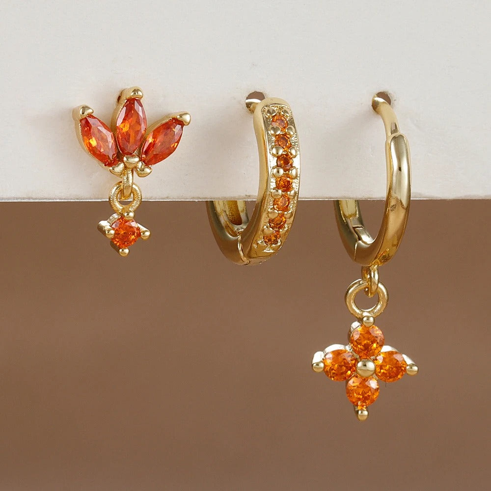 3pc Orange Floral Assorted Earrings Set