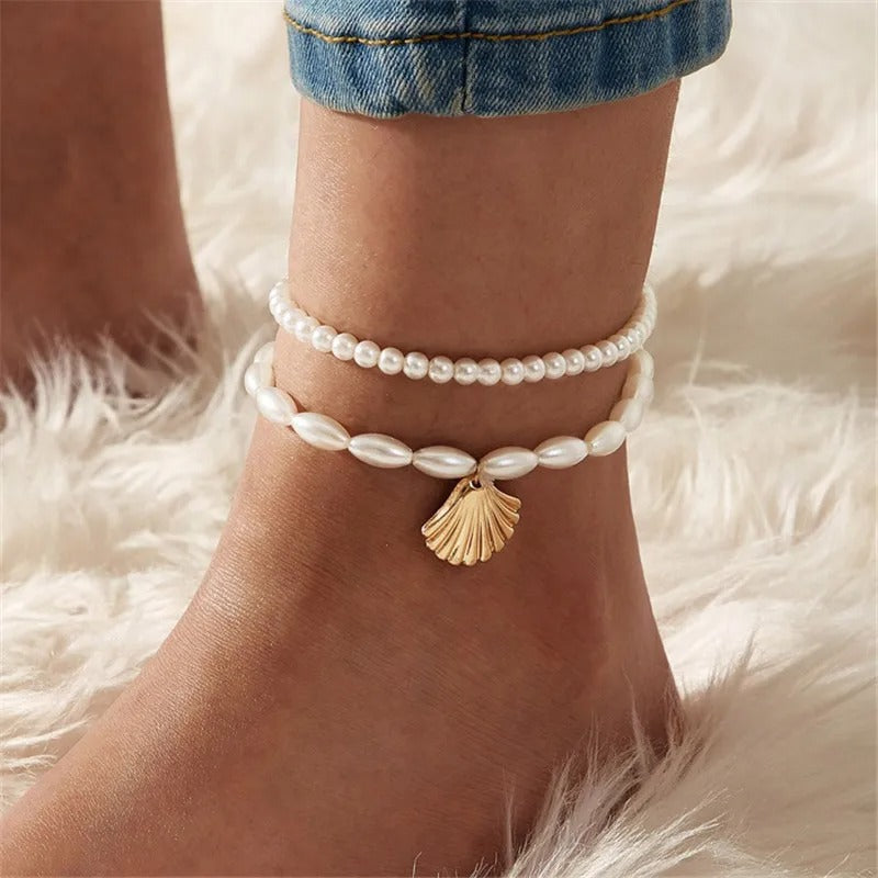Boho Layered Shell Pearl Anklet
