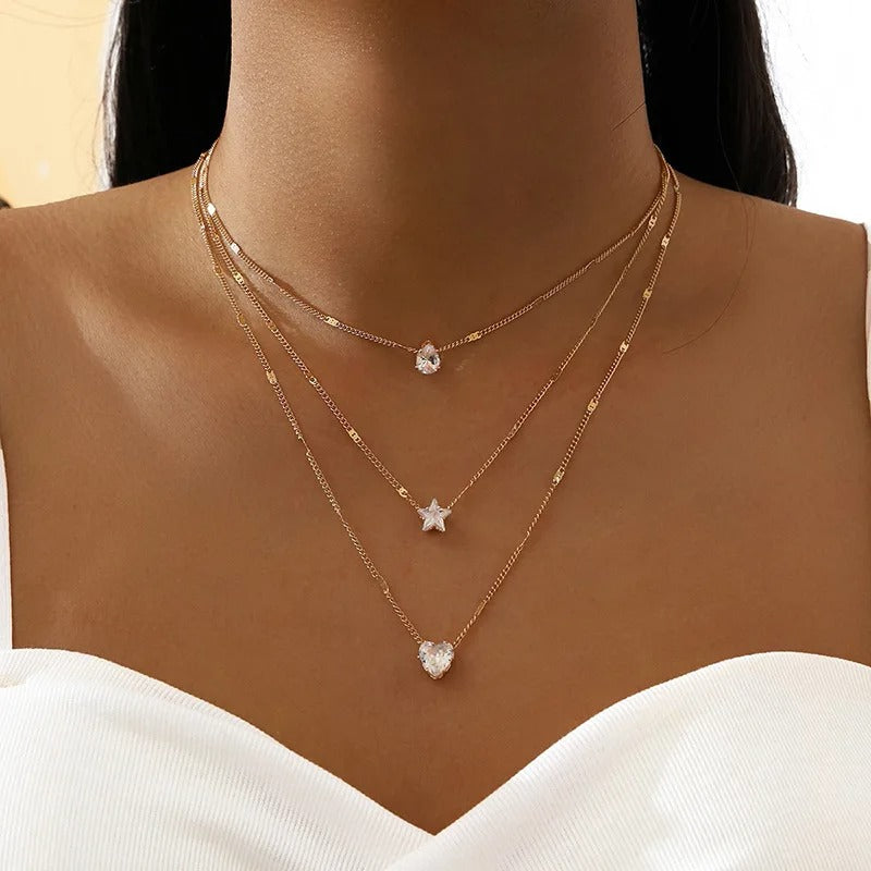 3pc Crystal Love Multilayer Necklace Set