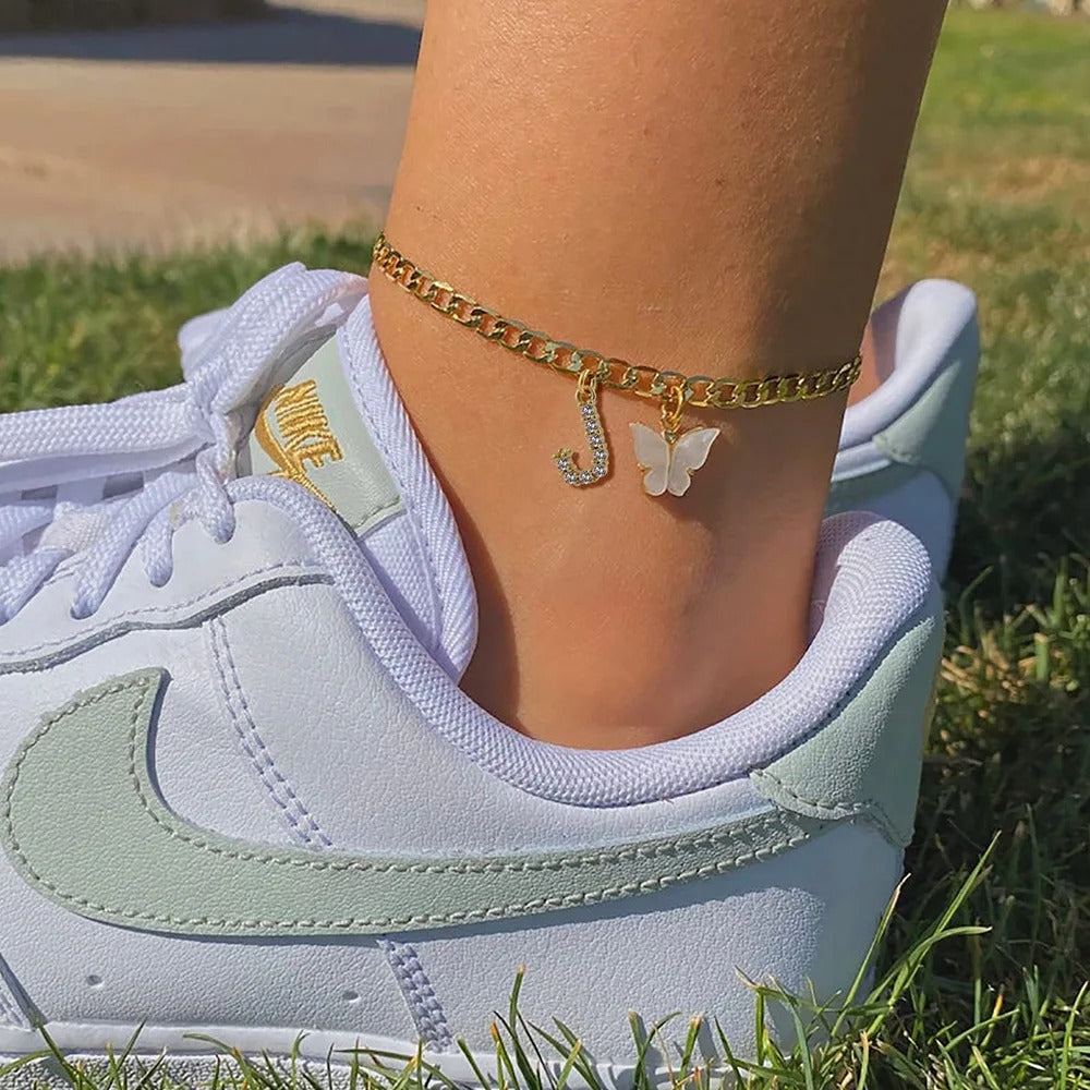 Dainty Butterfly Letter Initial Anklet