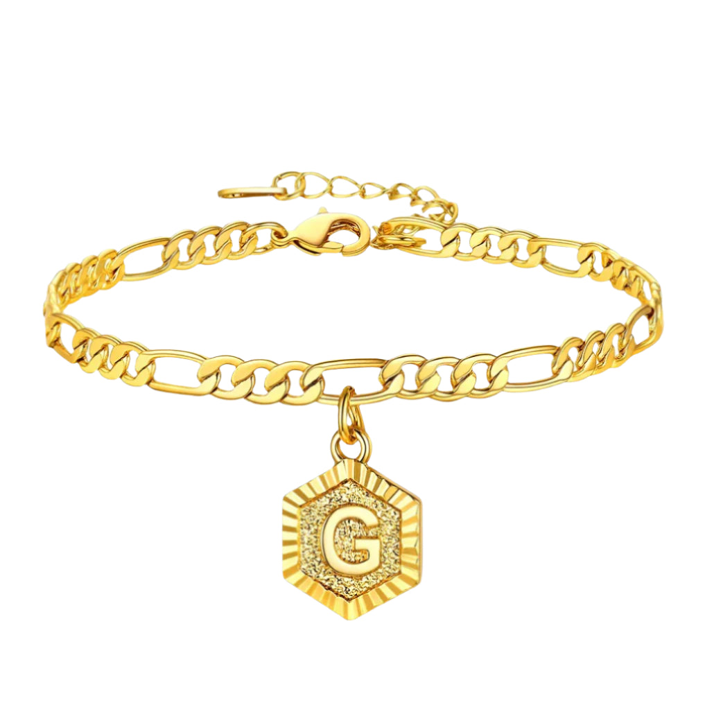 Hexagon Initial Letter Figaro Chain Anklet