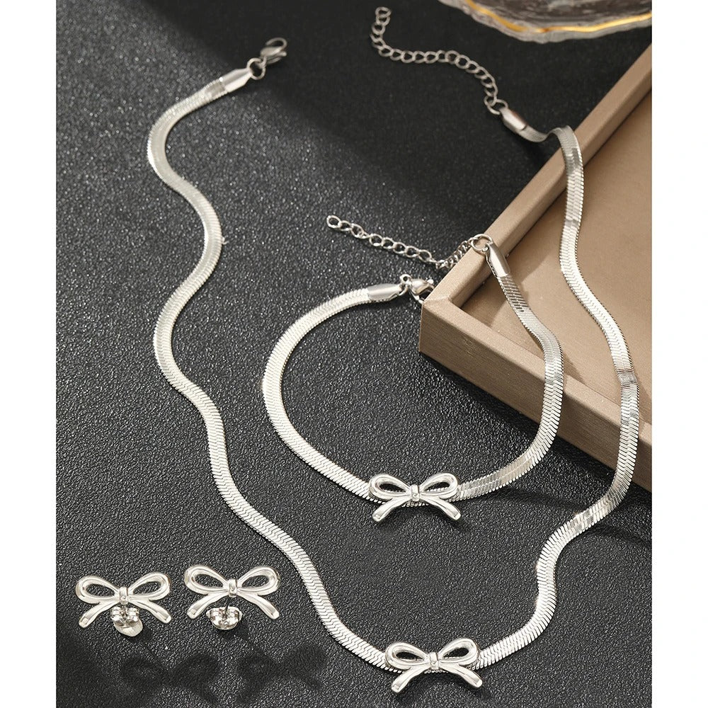 3pc Dainty Bow Necklace, Bracelet, & Earrings Set