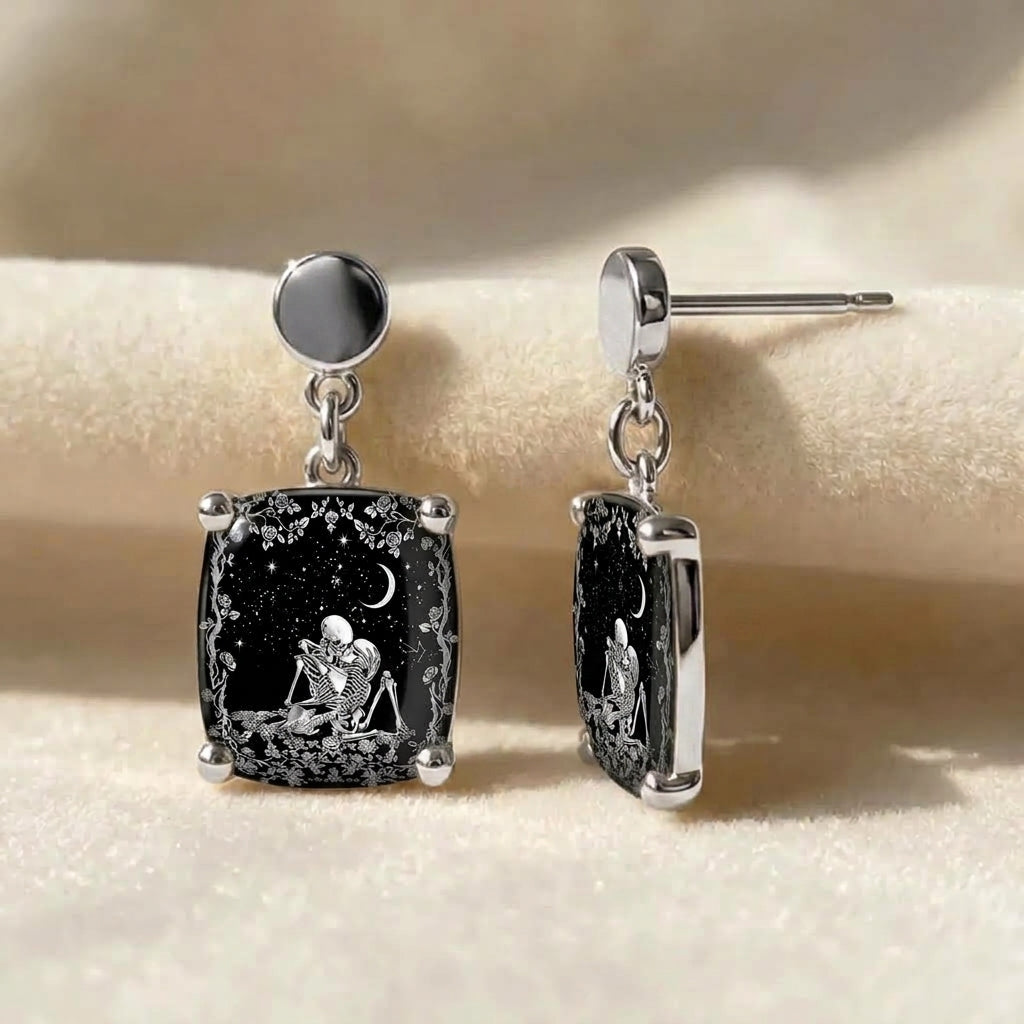 Starry Night Couple Skeleton Square Earrings